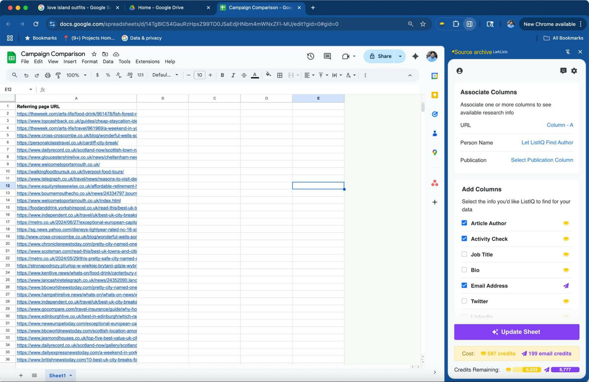 OutreachLark Lists url adding columns