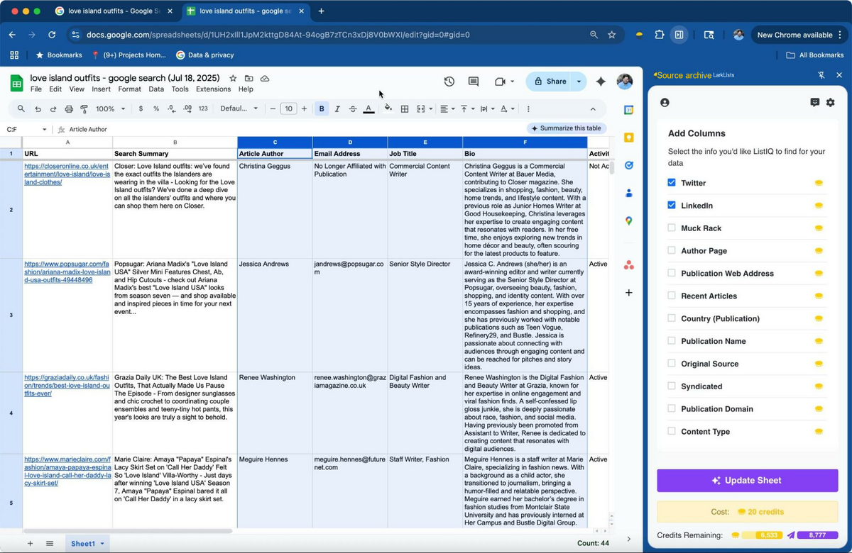 OutreachLark Lists adding more columns