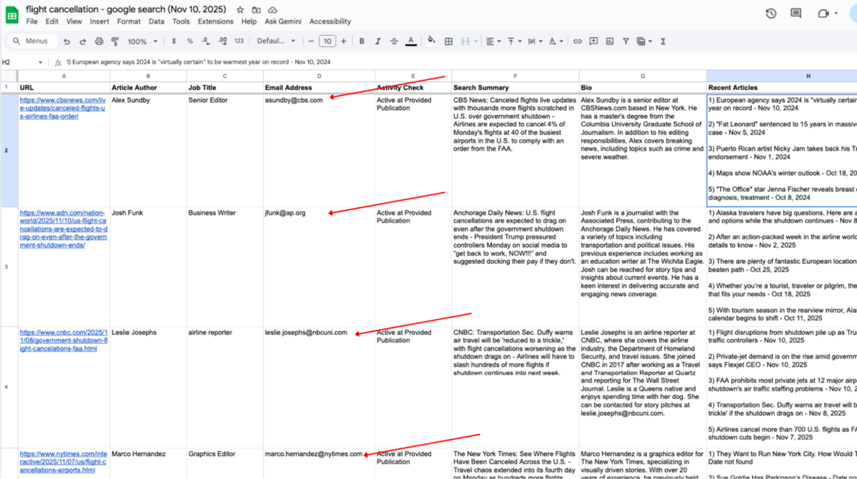 OutreachLark Lists google sheet