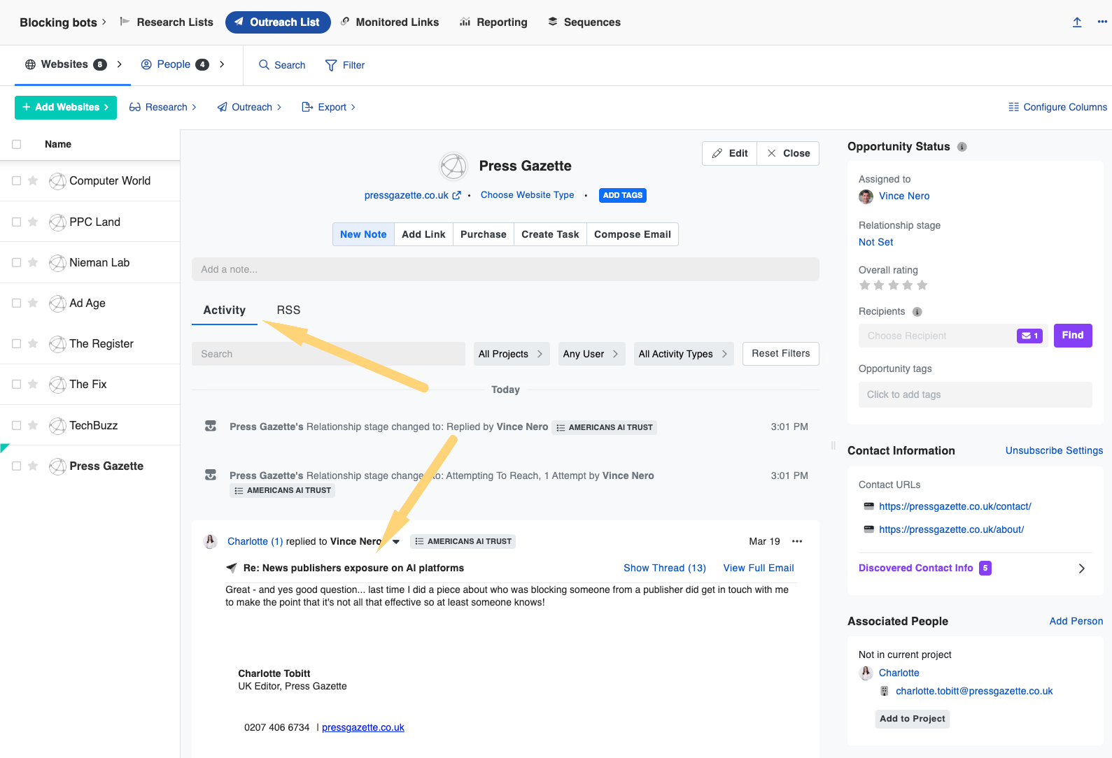 outreachlark contact history