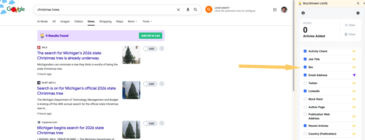 OutreachLark Lists bio selection menu