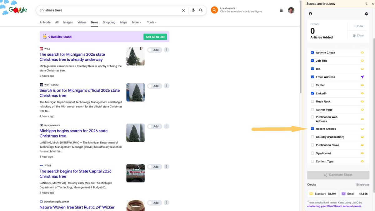 OutreachLark Lists settings for recent articles