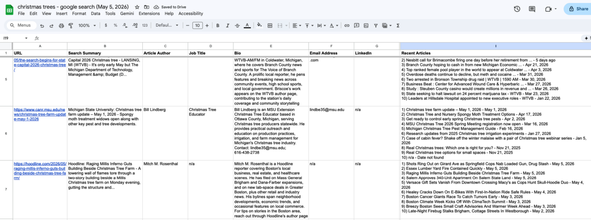 OutreachLark Lists sheet with recent article data