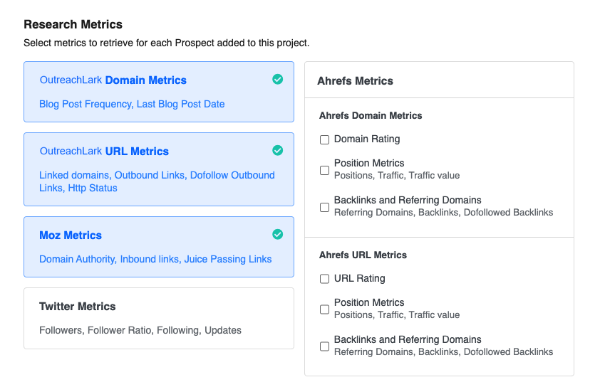 Research metrics on outreachlark like moz da and ahrefs